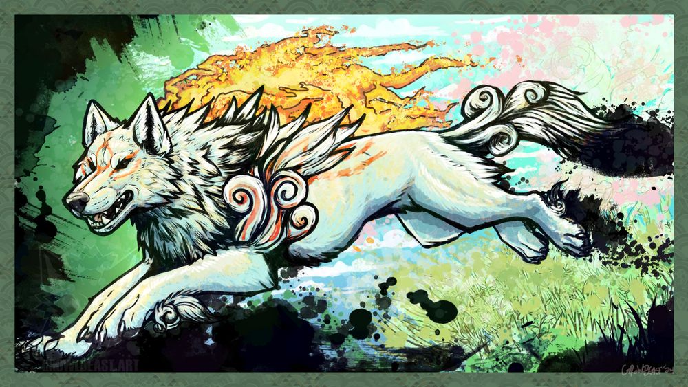 Artwork by growlbeast of Amaterasu from Okami leaping with ink in her wake