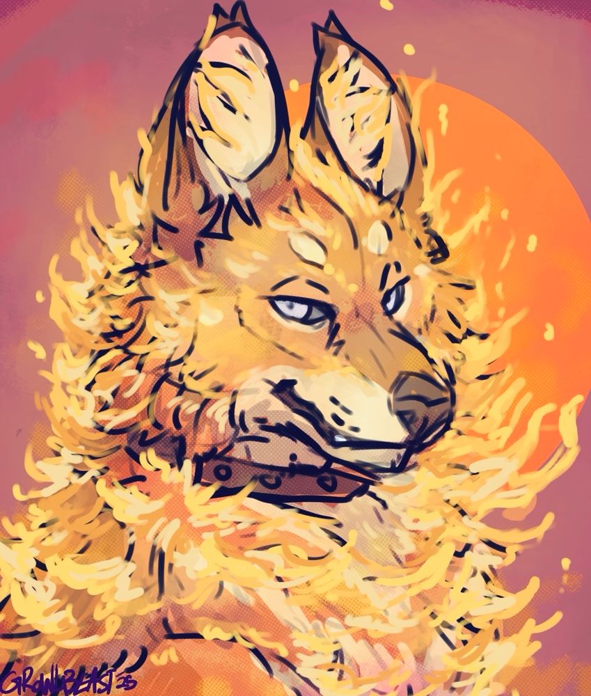 Artwork by growlbeast of her dhole character emitting fire from her fur and looking at the viewer 

The artwork is messy and not refined in order for the artist to experiment with the idea 