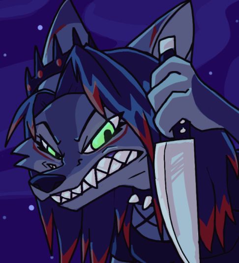 Artwork by growlbeast of Cerberus.art's character as Loona from Helluva boss
she is growling and brandishing a knife 
