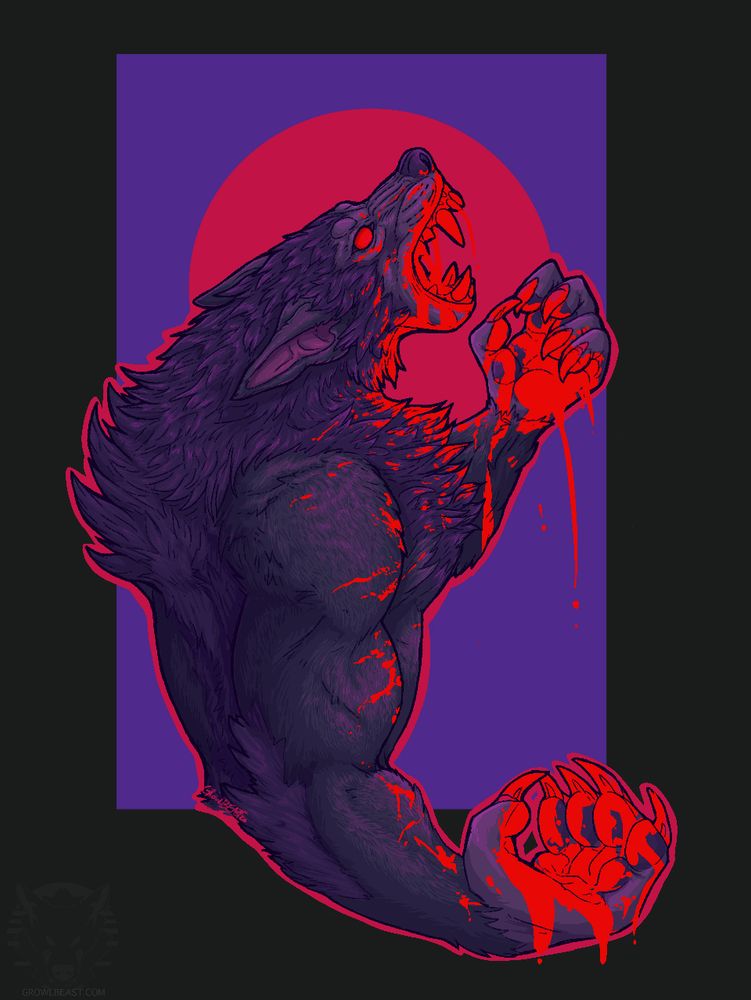 Artwork by growlbeast of a stylized werewolf with blood all over it's face and hands, snarling with a full moon behind them