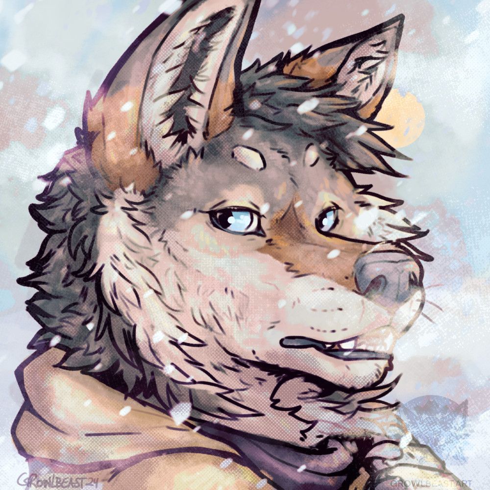 A photo of an athropomorphic coyote shanding in a cold blizzard looking behind him. Artwork by growlbeast for corsacK