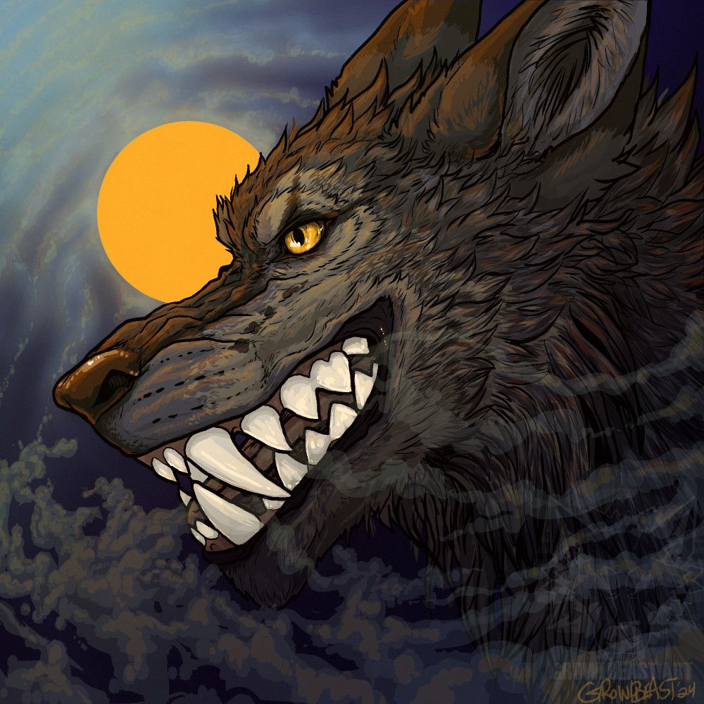 Artwork by growlbeast of a werewolf framed in smoke with the full moon behind his head. He is sporting a toothy grin