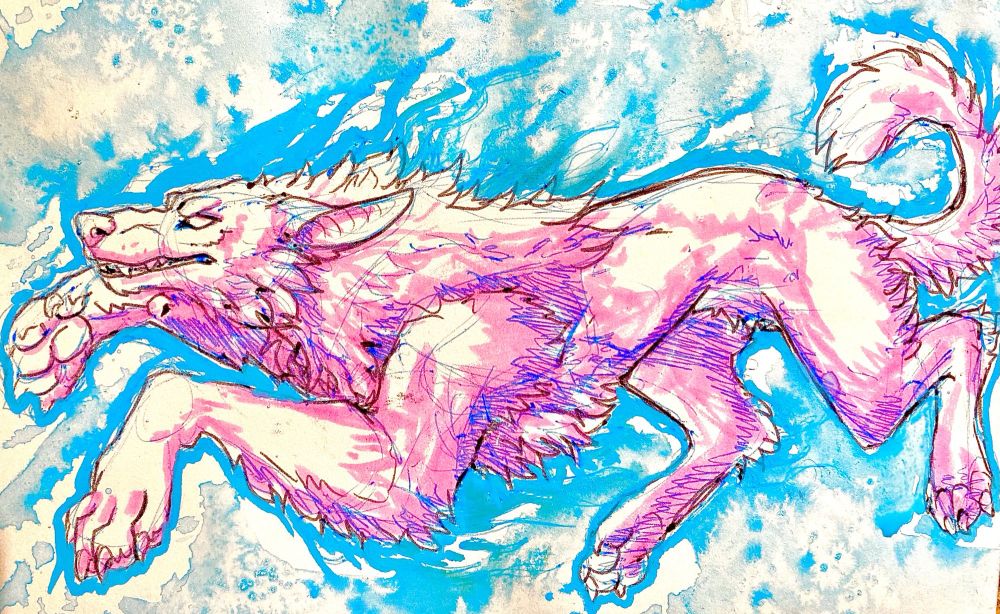 Artwork by growlbeast made with ink, highlighter and posca pen. The art is of a canine with warped proportions running with trans flag colors cause my trans family has been hurting much lately and that’s something I think of a lot. I love you. Be safe. 