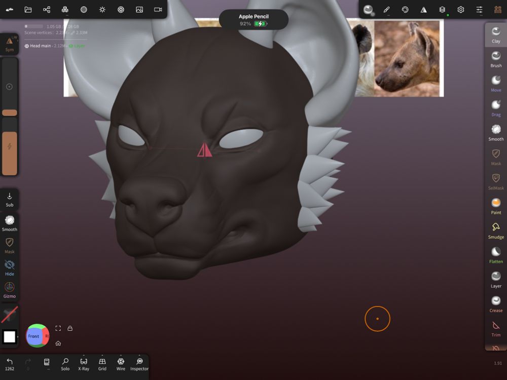 A 3d sculpt of a hyena face by growlbeast using nomad sculpt 