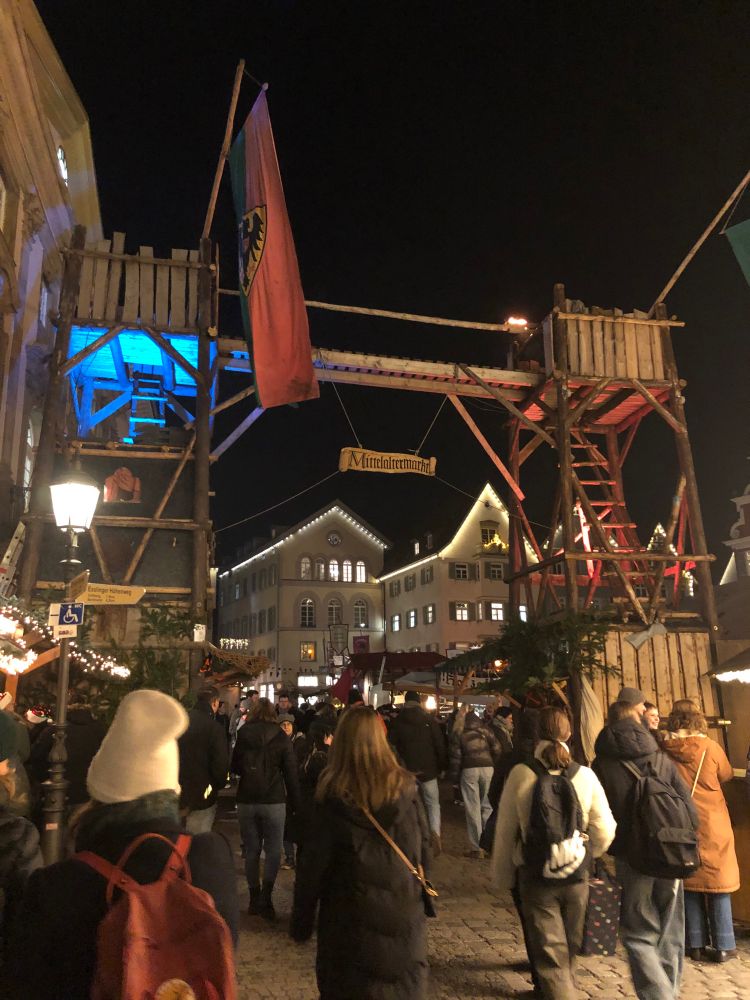 Eine nächtliche Szene zeigt einen belebten Weihnachtsmarkt unter einem dunklen Himmel, mit Besuchern, die durch eine hölzerne Torbogenkonstruktion flanieren, die mit Fahnen und Lichtern geschmückt ist und auf der das Wort „Mittelaltermarkt“ zu lesen ist. 