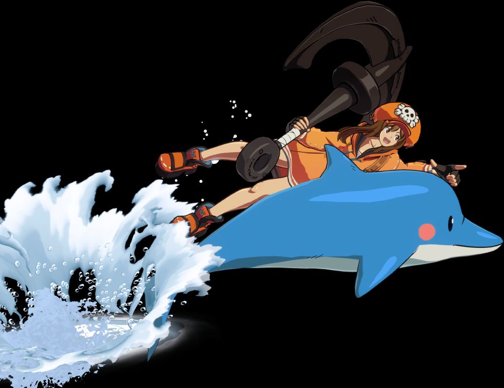 Landscape image of May from Guilty Gear Strive in her orange outfit, beginning a horizontal attack on Mr. Dolphin