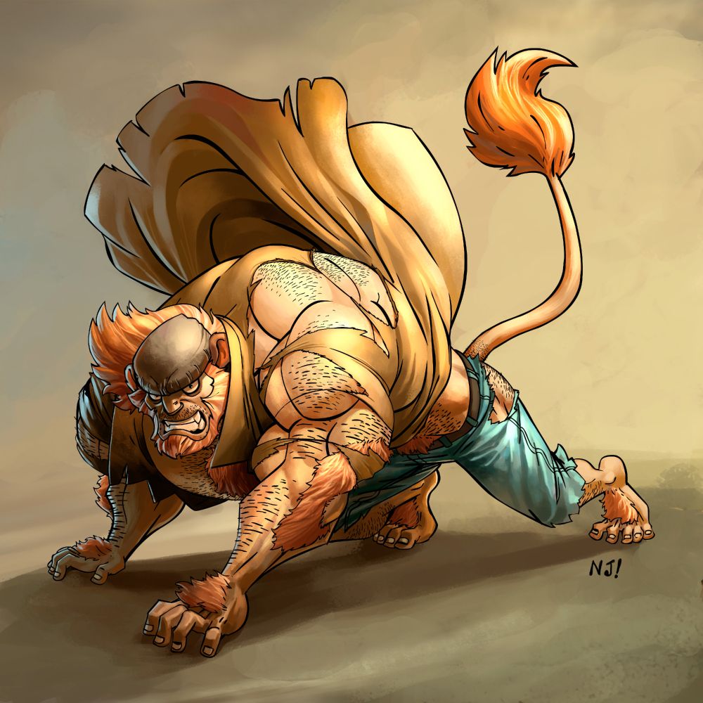 A bearded man on all fours with orange hair and a beanie turns into a lion-man.