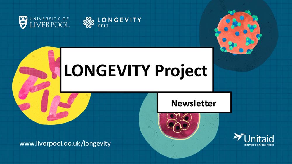 Illustrations of TB bacteria, a malaria infected red blood cell and hepatitis C virus are spaced throughout the image with the text "LONGEVITY Project: newsletter" over the top.
