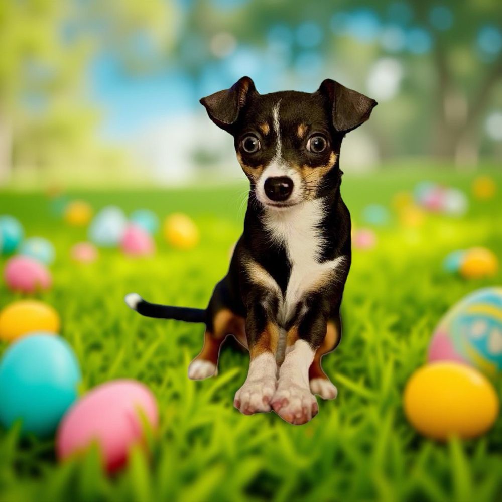 Chihuahua sitting on AI background of grass and Easter eggs