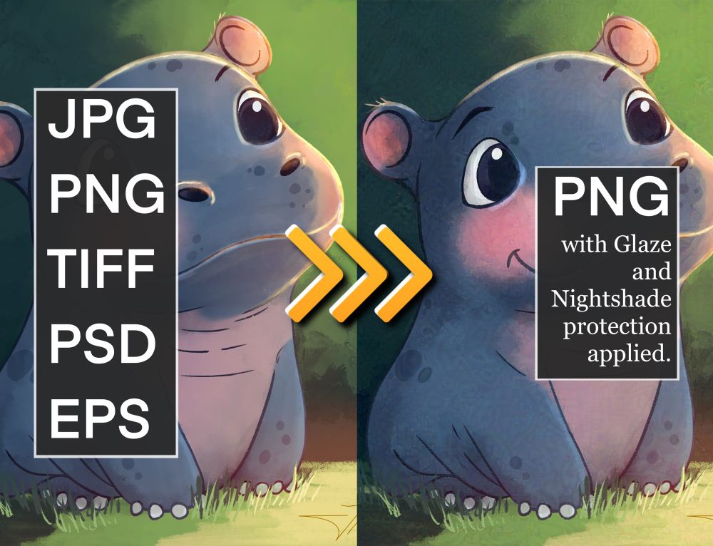 Before and after image of an art work processed through Nightshade and Glaze software to protect against Ai data scraping.
