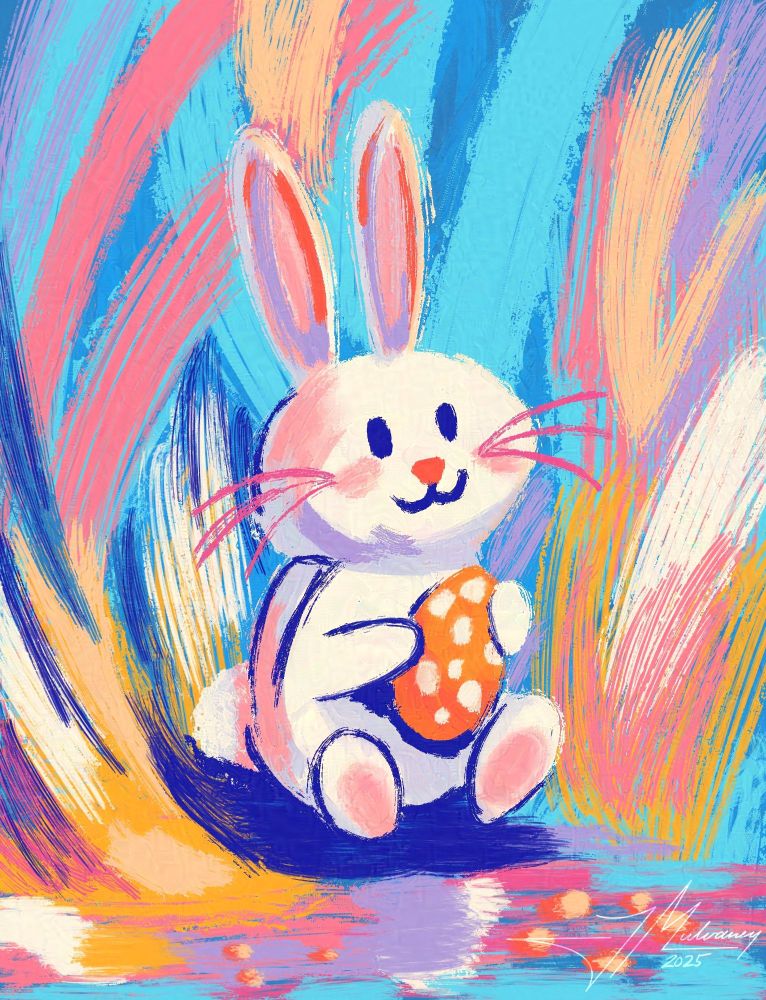 An impressionist, expressive Easter bunny holding an egg.