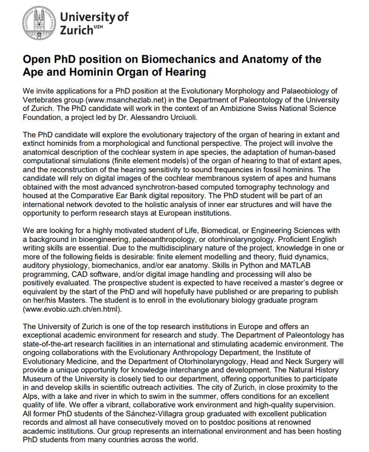 Details of the job offer for the PhD position Open PhD position on Biomechanics and Anatomy of the
Ape and Hominin Organ of Hearing
We invite applications for a PhD position at the Evolutionary Morphology and Palaeobiology of
Vertebrates group (www.msanchezlab.net) in the Department of Paleontology of the University
of Zurich. The PhD candidate will work in the context of an Ambizione Swiss National Science
Foundation, a project led by Dr. Alessandro Urciuoli.
The PhD candidate will explore the evolutionary trajectory of the organ of hearing in extant and
extinct hominids from a morphological and functional perspective. The project will involve the
anatomical description of the cochlear system in ape species, the adaptation of human-based
computational simulations (finite element models) of the organ of hearing to that of extant apes,
and the reconstruction of the hearing sensitivity to sound frequencies in fossil hominins. The
candidate will rely on digital images of the cochlear membranous system of apes and humans
obtained with the most advanced synchrotron-based computed tomography technology and
housed at the Comparative Ear Bank digital repository. 