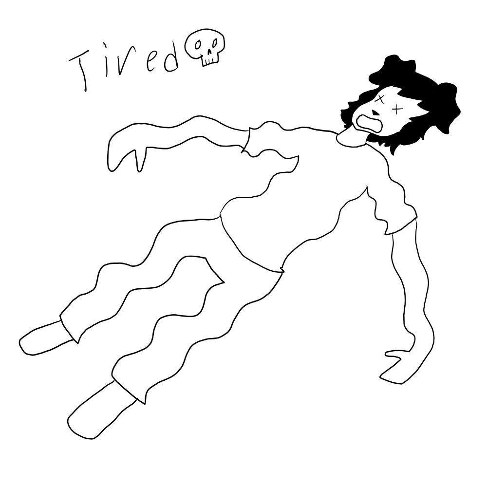 a deflated anthro character and a caption saying "Tired" with a drawing of a skull beside it.