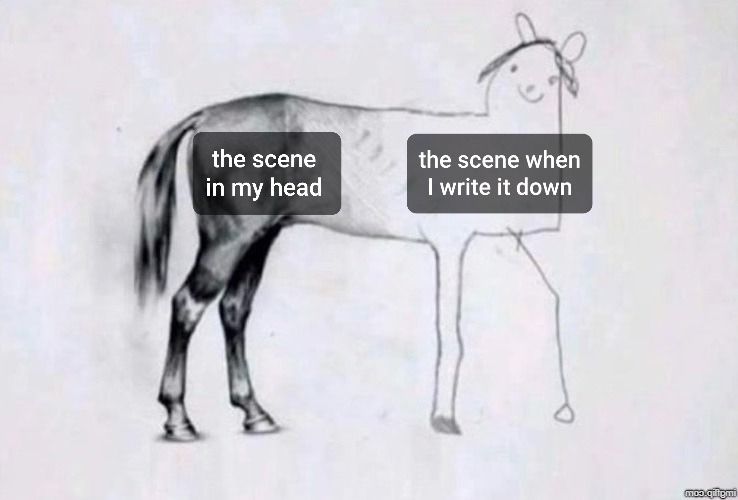 Drawing of a horse with a very detailed rear end and a crudely drawn front end. The rear is labeled ‘the scene in my head’ and the front is labeled ‘the scene I wrote down.’