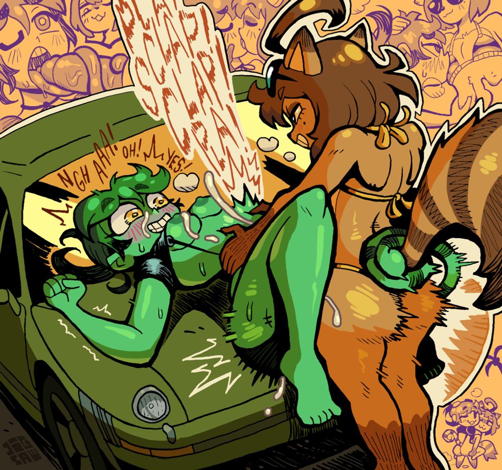 After Remmy the tanuki flirted on Dig (genderbend) they had lots of beach sex including but not limited to a chameleon-long-tongue blowjob, tongue kissing, sucking each other's nipples, carrying in a cute way and finally a hot feral hip-grabbing creampie pussy smashing on top of Remmy's car hood, with lots of Tanuki cum leaking from it :3c