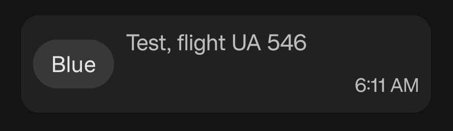 A message received over Meshtastic. The short name is Blue. The message reads "Test, flight UA 546.