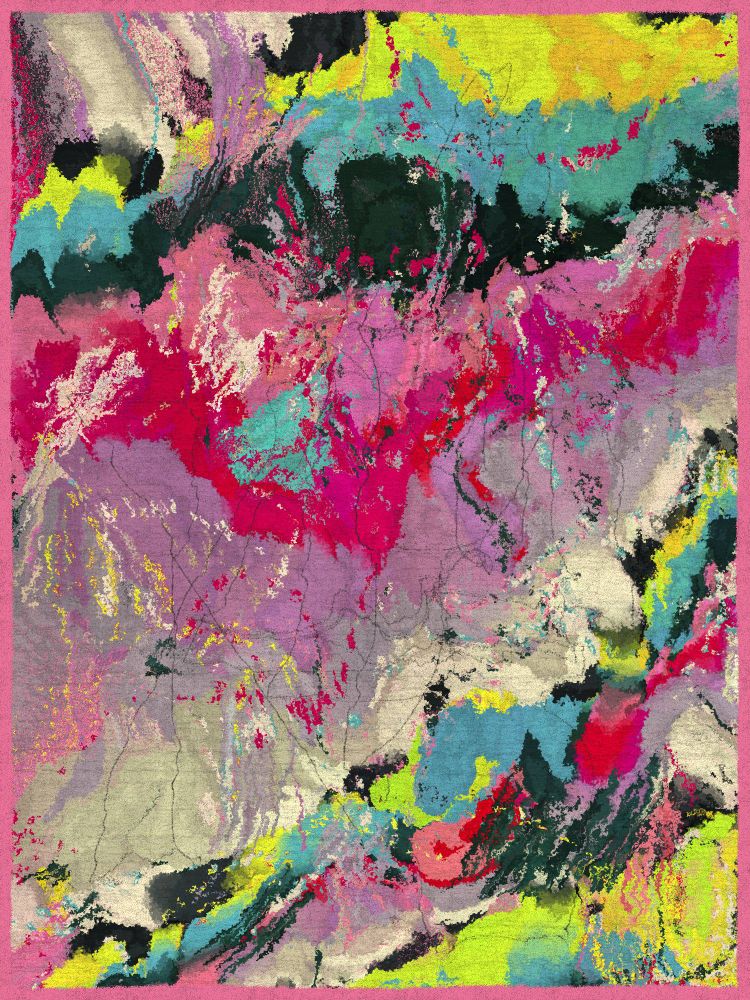 Abstract digital artwork in pink, purple, turquoise, yellow and black, arranged in irregular areas that show textures resembling that of physical paintings