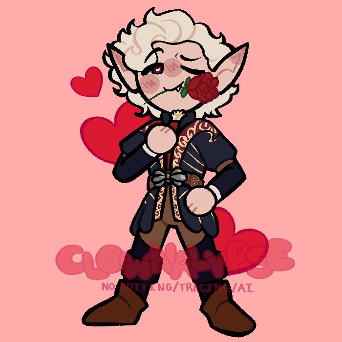 Astarion the pale elf, holding a rose in his mouth. He winks at the viewer with a fanged smile, one hand placed on his chest while the other is on his hip. Bright red hearts surround him.