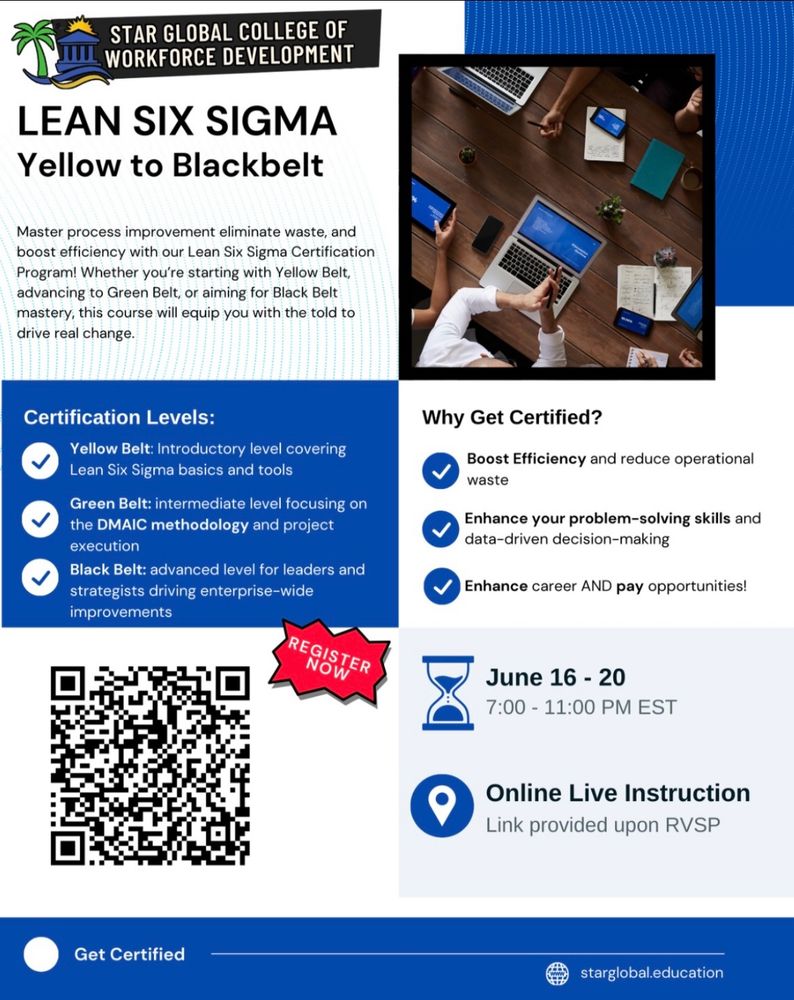 Flyer for Star Global College of Workforce Development promoting the “Lean Six Sigma: Yellow to Blackbelt” certification program. The program runs June 16–20, from 7:00–11:00 PM EST with live online instruction. Certification levels include Yellow Belt (introductory), Green Belt (intermediate with DMAIC methodology), and Black Belt (advanced leadership). Benefits include improving efficiency, boosting problem-solving, and increasing career and pay opportunities. A QR code is included for registration, along with an image of a team collaborating at a laptop-filled table.