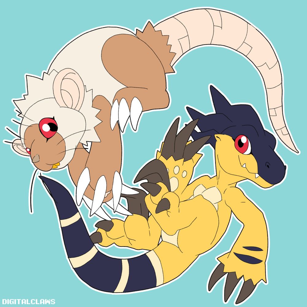 a flat color digital drawing of my digifake partners raptomon and rattomon