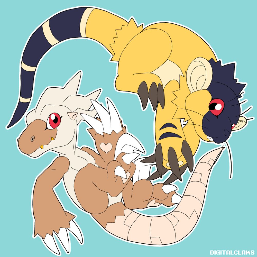 a flat color digital drawing of my digifakes raptomon and rattomon. it's the same image as before, but flipped, and the two have switched colors/patterns