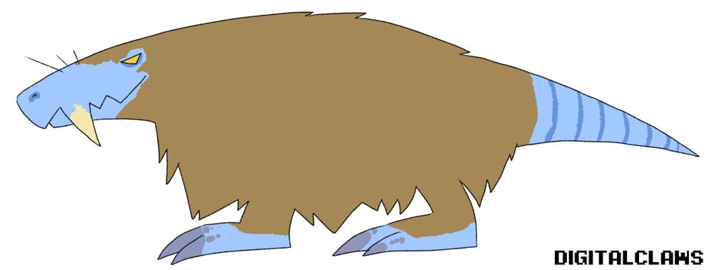 really stylized drawing of some prehistoric animal, most likely a gorognopsia of some sort. it has blue skin and scruffy brown fur