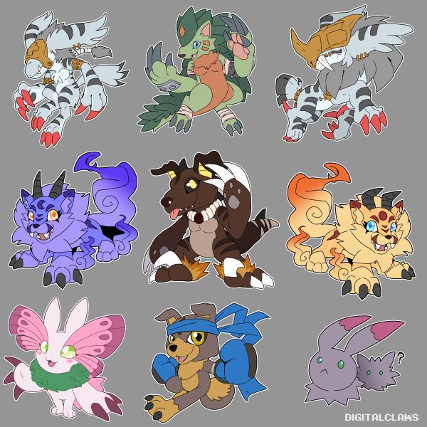 characters in the image belong to spiralofvertigo, garrrzzz, PlushKitamon, littletaino, PlatinumSukamon, jsantos1557, snagglebun (twitter names)