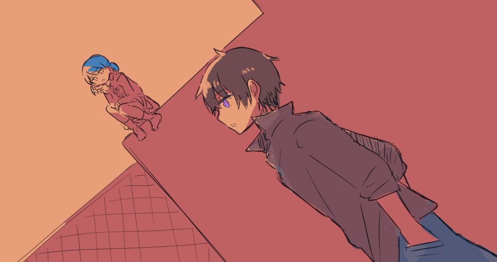 屋上の少年少女
少年が高いところにいる少女を斜めに振り仰いでいる