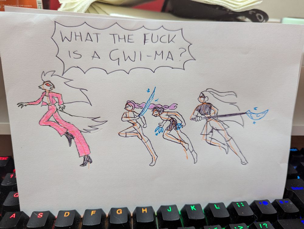 Biro sketch of tall bird demon, Stella from Helluva Boss being chased by the girls from KPop Demon Hunters. The Huntrix girls have their weapons out whilst Stella is looking over her shoulder whilst running yelling "WHAT THE FUCK IS A GWI-MA?" 