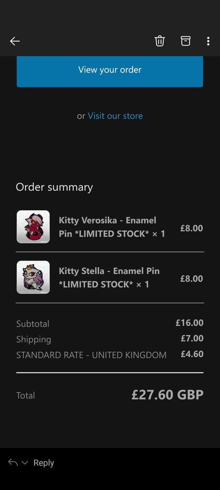Screenshot of Shark robot order showing both the Verosika kitty pin and Stella kitty party n. Grand total of £27.60