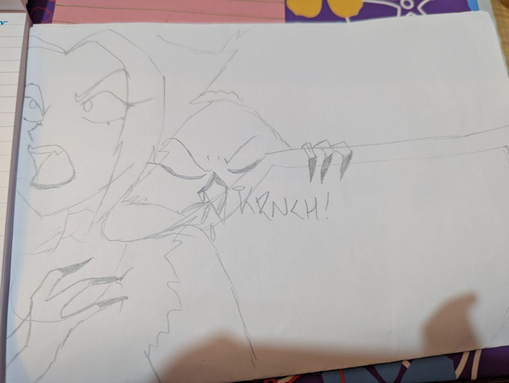 Pencil sketch of Lute from Hazbin Hotel, screeching in pain as Stella from Helluva Boss chomps on her wing. KRNCH sound effect included. 