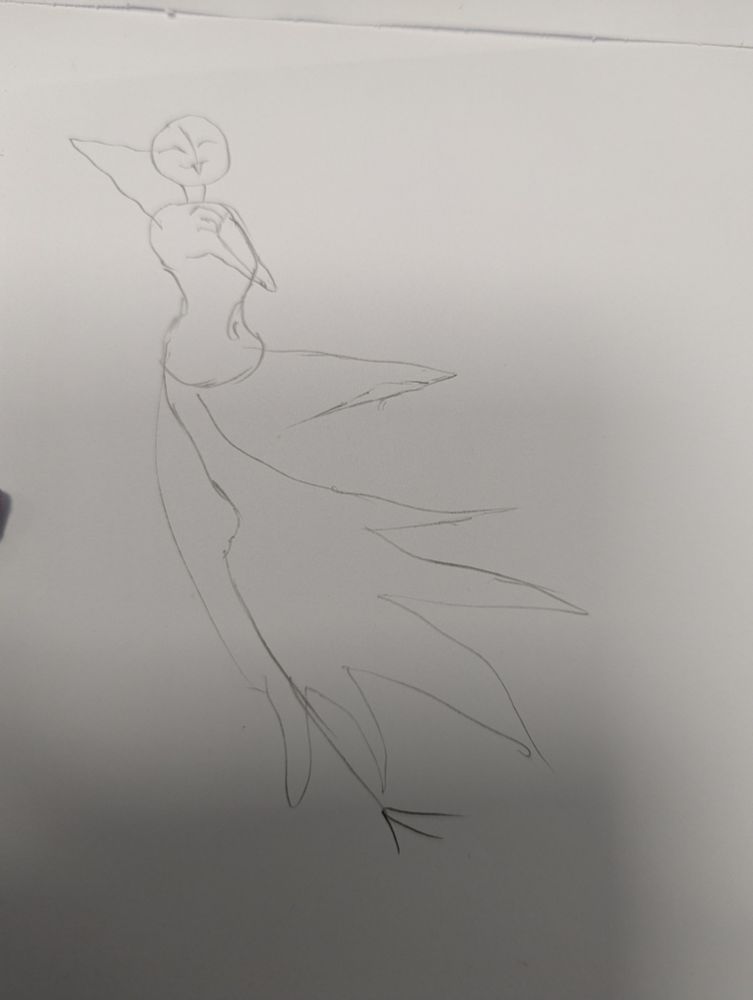 Pencil sketch of a figure with stick arms and legs and bird features. 