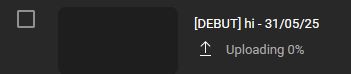 My debut stream's VOD as seen in YouTube Studio. The percentage completion of the upload is 0%.