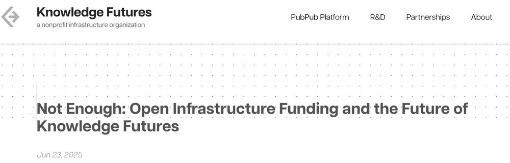 News header from the Knowledge Futures website reading "Not Enough: Open Infrastructure Funding and the Future of Knowledge Futures: Dated June 23, 2025