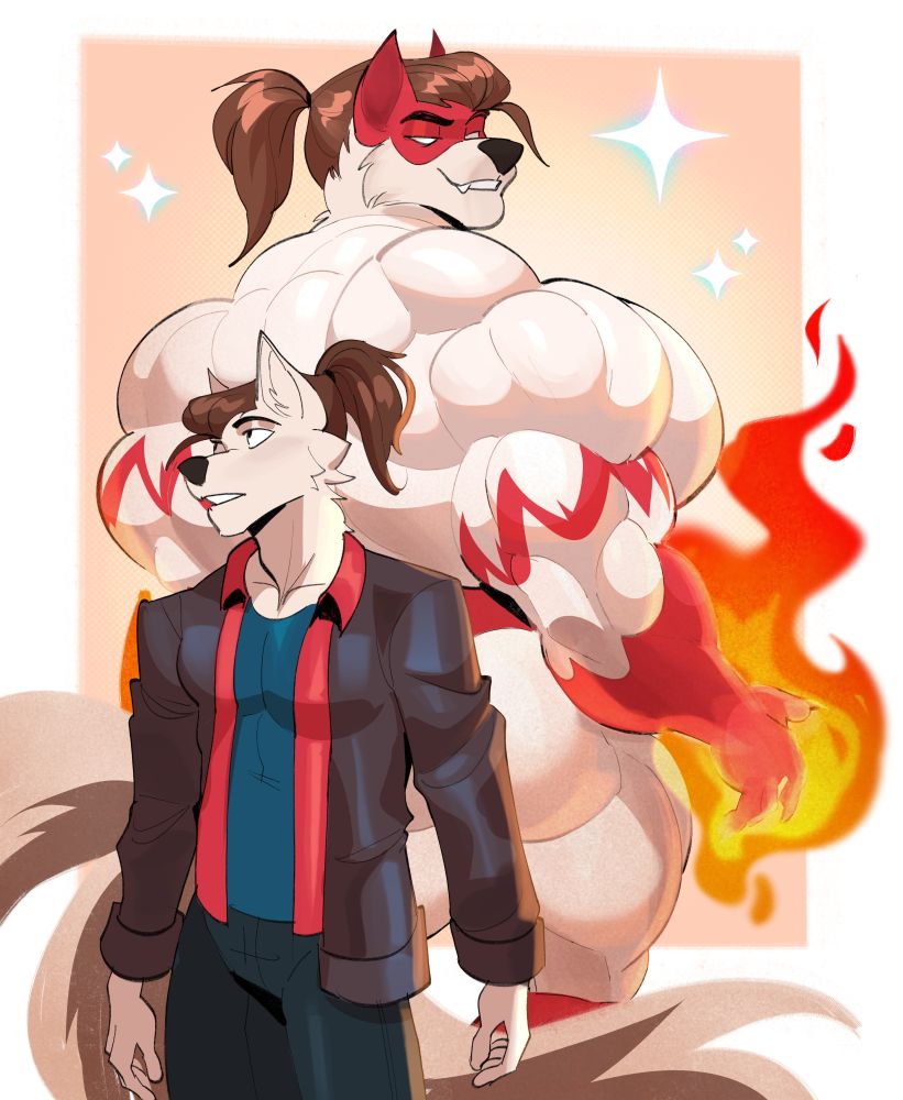 A tall kitsune standing in front of the hero Red Flare, who is his alter ego. He's noticeably bigger and his fists are on fire.