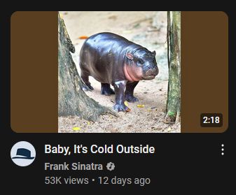 A YouTube thumbnail depicting a cropped image of the famous baby hippo Moo Deng, with the title Baby It's Cold Outside sung by Frank Sinatra