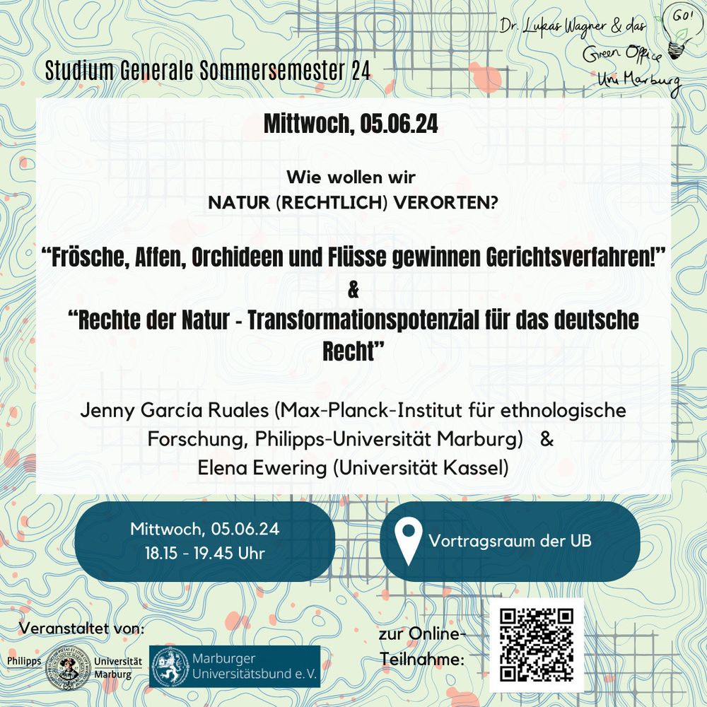 Das Sharepic zeigt das Programm der Marburg Sustainability Talks: 05.06.24 - Wie wollen wir die Natur rechtlich verorten?