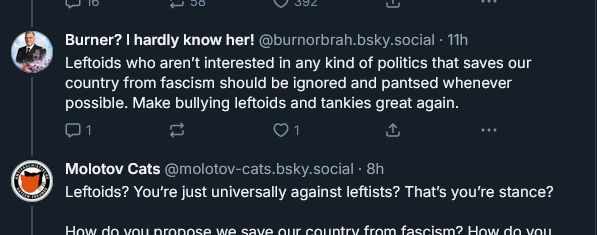 From @Burnobrah.bsky.social: Leftoids who aren’t interested in any kind of politics that saves our country from fascism should be ignored and pantsed whenever possible. Make bullying leftoids and tankies great again.

Followed by a portion of your own reply to ensure transparency on the poster's part.