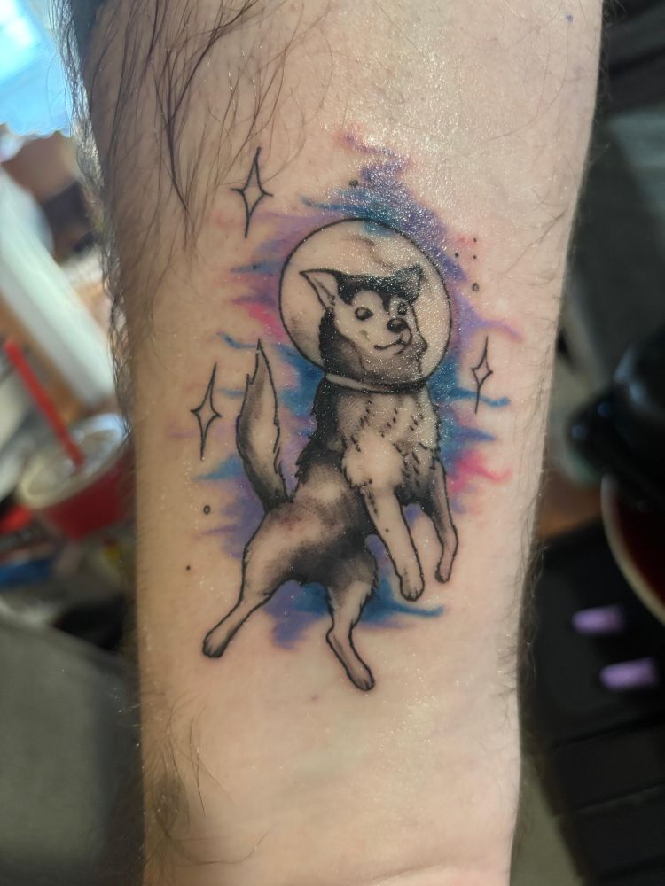 A dog floating in space with a fishbowl helmet, floating in space the color of bisexual lighting 