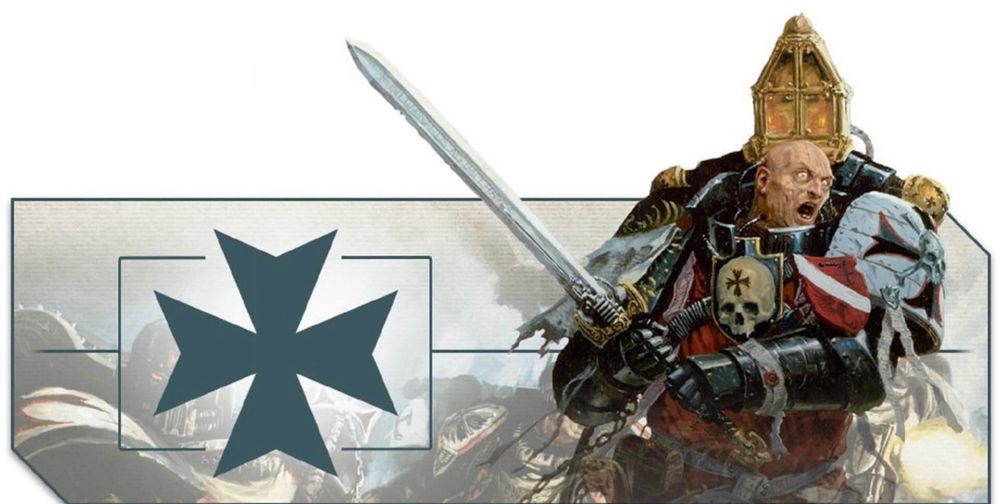 Black Templar logo cross and marine charging with sword and fanatical expression on face