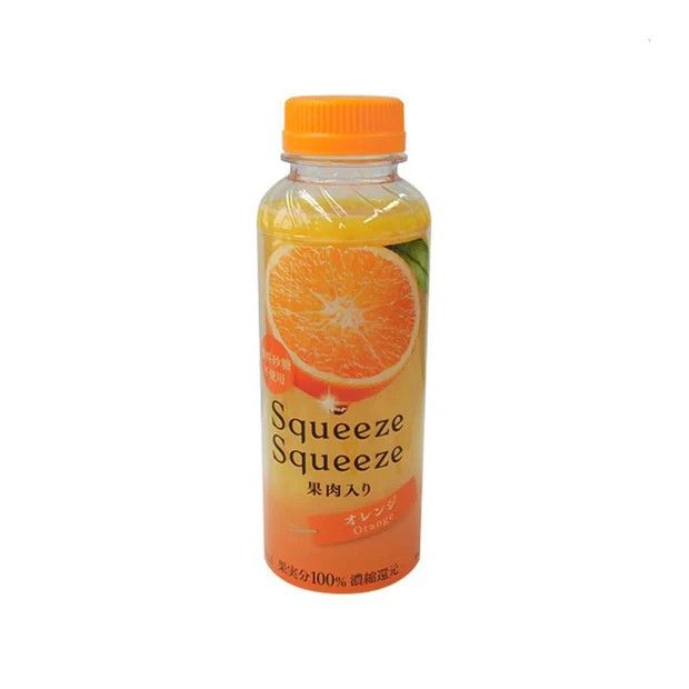 A bottle of 'Squeeze Squeeze' chunky orange juice.