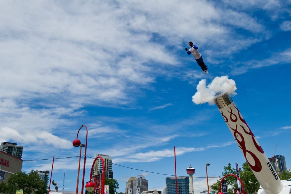 An image of a human cannonball in flight.