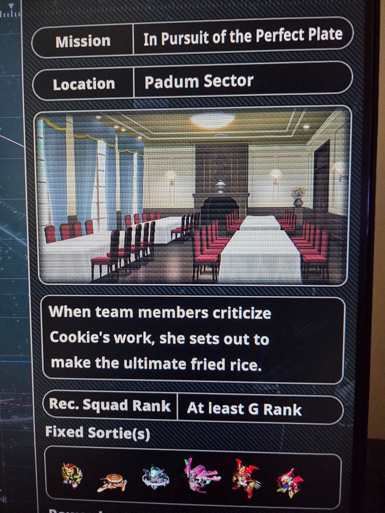 A level select screen from Super Robot Wars Y, where the set-up for the mission is a character setting out to make the ultimate fried rice.