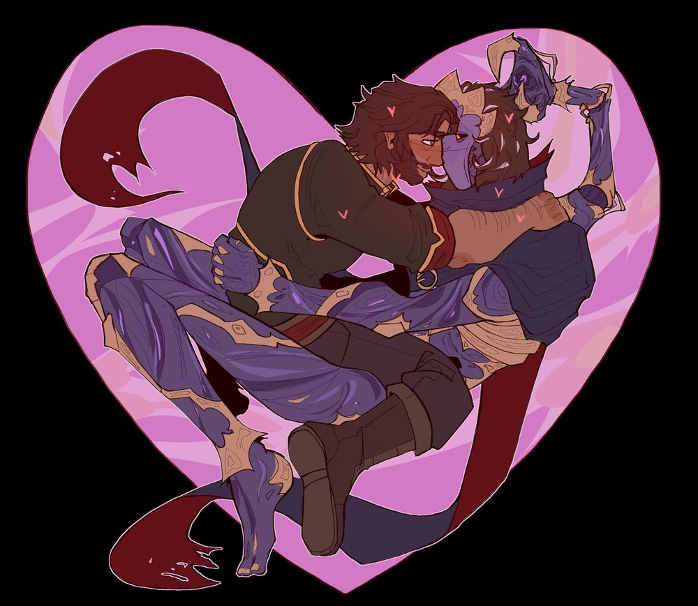 a drawing of jayce and viktor as they appear at the end of arcane (jayce with long hair and a beard, viktor as the arcane herald) viktor is embracing jayce and looking at him tenderly, and jayce is doing the same in return, they're floating in front of a pink heart