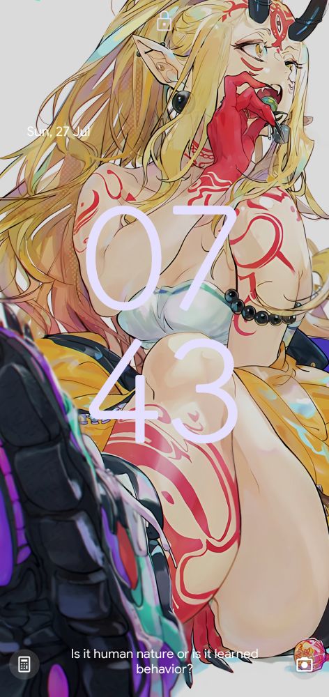 A fanart of Ibaraki Douji, from Fate Grand Order.
Blonde long haired girl with pointy ears, fair skin, and golden eyes. Her hair is extremely long, wavy and held in a high ponytail. She has red tattoos on her calves, shoulders, wrists, forehead and under her eyes. Her hands are bony, entirely inked in red, and with long pointy nails. She has a red tattoo in the shape of a vertical third eye on her forehead. She has ear piercings, and a big earring in the shape of a black bead. She has slightly curved vertical horns on her forehead. She has an  arm bracelet made of black Buddhist mala beads, sitting where the shoulder ends, right below the armpit. She wears a white sleeveless top with a light blue border,  and a loosely worn short-skirted yellow yukata with a black border. The yukata is falling off her shoulders. She's sitting on the floor, looking at her left side, while eating a lollipop. She has fangy teeth. She wears black and purple sneakers, with red and turquoise accents. The sole of the sneakers is pointing at the camera.