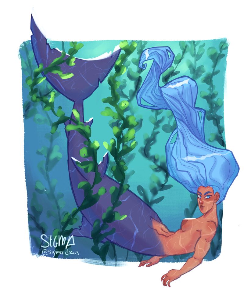 Illustration of a shark mermaid, blue hair, slight tan, many scars around her body, she's beetween seaweed floating in shallow waters.