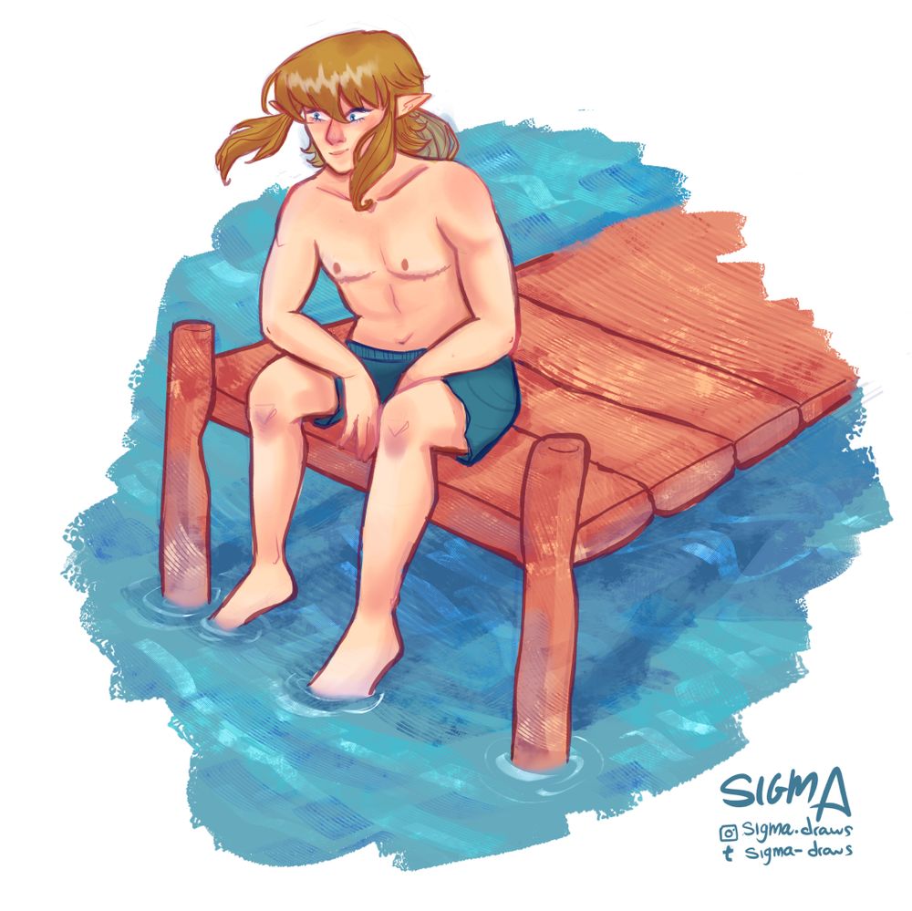 an illustration of link from legend of zelda in a swimsuit, in a dock with his feet touching the water, he has old scars in the pecs because he's gotten a mastectomy, he's thoughtful
