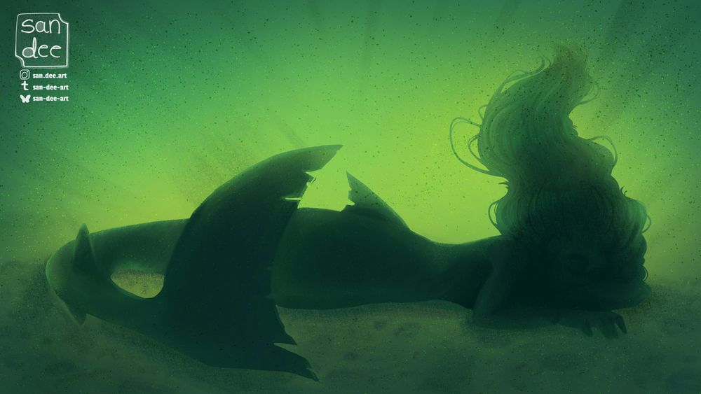 an illustration of a mermaid shark, deceased, in a formaldehyde tank, with an eerie green look, the tank was abandoned so it was starting to rot and discolor, she looks like she's sleeping peacefully, her face darkened