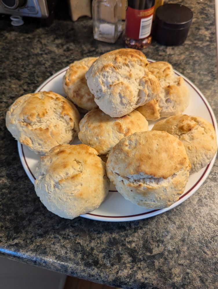 A plate of 8 medium sized buttermilk biscuits to that have been lightly browned on top.