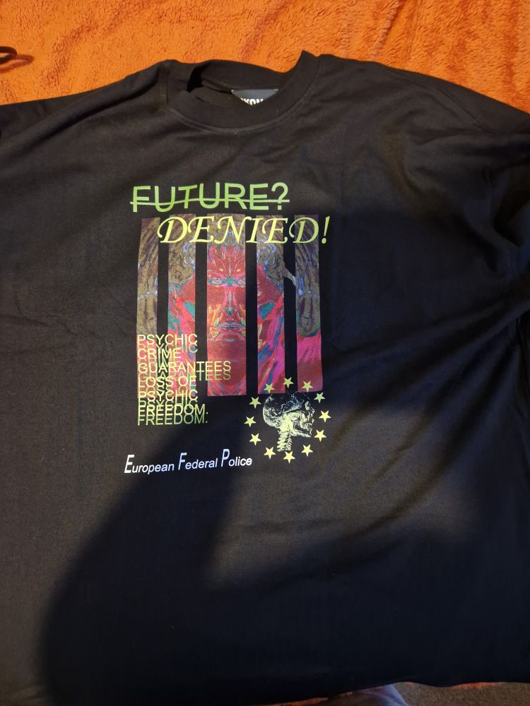 Image of a t-shirt with an image based on the game Psycho Patrol R, laid out on OP's bed. It reads as follows:

FUTURE? DENIED!
PSYCHIC
CRIME
GUARANTEES
LOSS OF
PSYCHIC
FREEDOM.

European Federal Police. Their logo of a profile of a skull surrounded by stars to resemble the European Union's flag is featured, as well as artwork of a person behind bars.
